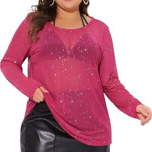 Plus Size Sheer Mesh Tops Sexy See Through Long Sleeve Blouse Hot Pink